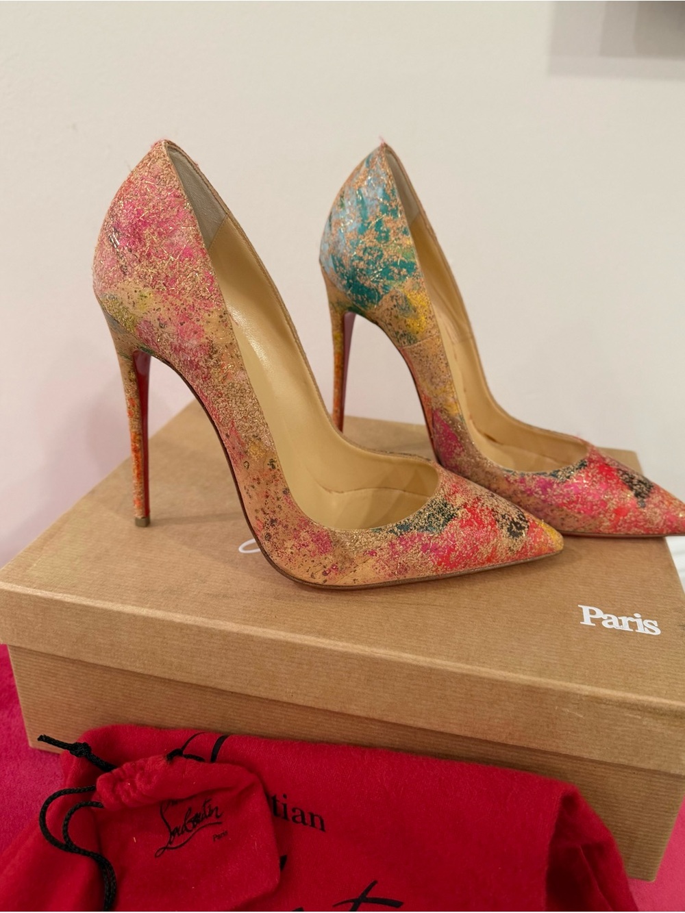 Christian Louboutin Multicolor Pink Gold Teal Paint-Splatter Pointed Pumps